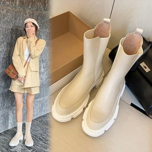 Women ankle boots natural leather 22-24.5CM First layer cowhide stitching twill Chelsea boots shoes woman Foam rubber