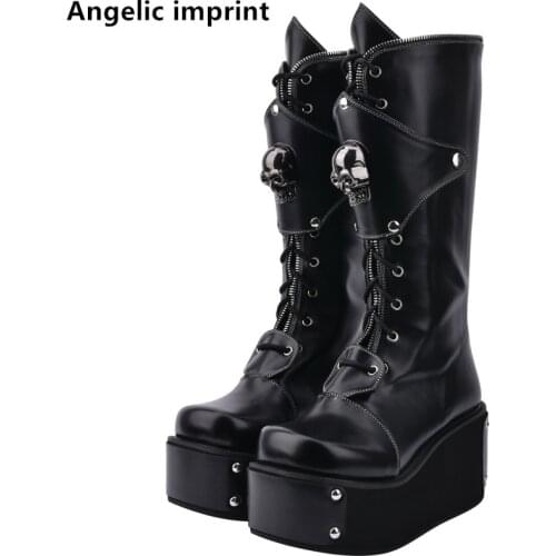 Angelic imprint handmade Women Gothic motorcycle punk boots lady lolita Boots woman high trifle heels pumps shoes lace up 33-47