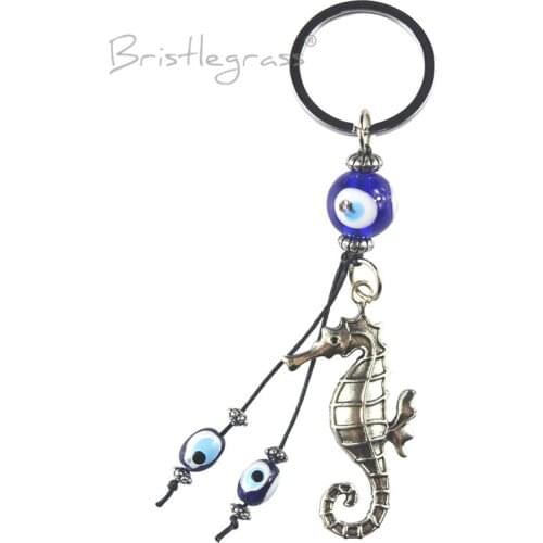 BRISTLEGRASS Turkish Blue Evil Eye Sea Horse Keychain Key Chains Ring Holder Amulet Hanging Pendant Lucky Charm Blessing Protect