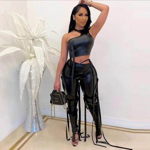 Casual Pu Leather Joggers Women Pants Drawstring Bandage High Waist Sweatpants Spring Clothes For Women Solid Color