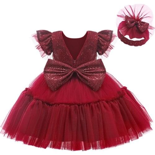 2021 New Sequined Little Girls Flying Sleeve Christmas Dresses For Girls Mesh Princess Dresses Evening Dresses Send Bow Headband