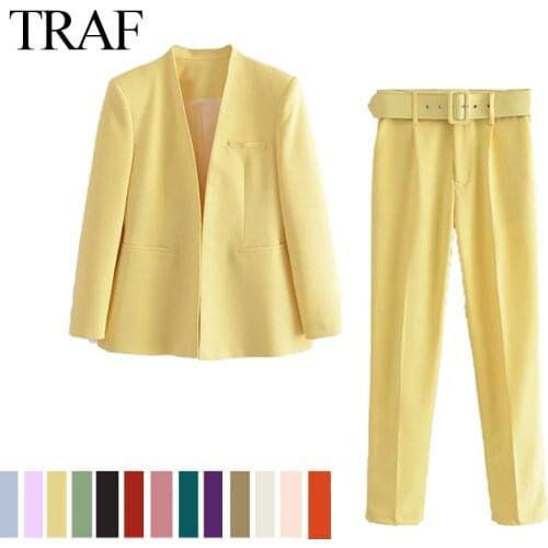TRAF ZA Womens Blazer Set Fashion Office Suit Pantsuit Simple Solid Color Suit Collar Long Sleeve + Trousers 2 Piece Set Blazer