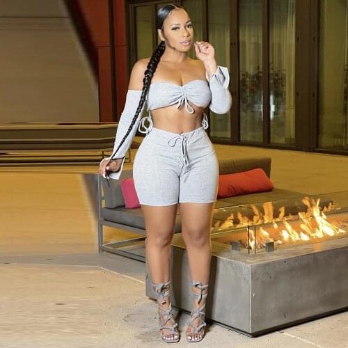 Loungewear Fitness Two Piece Matching Set Women Suit Off The Shoulder Full Sleeve Crop Top and Drawstring Biker Stretchy Short