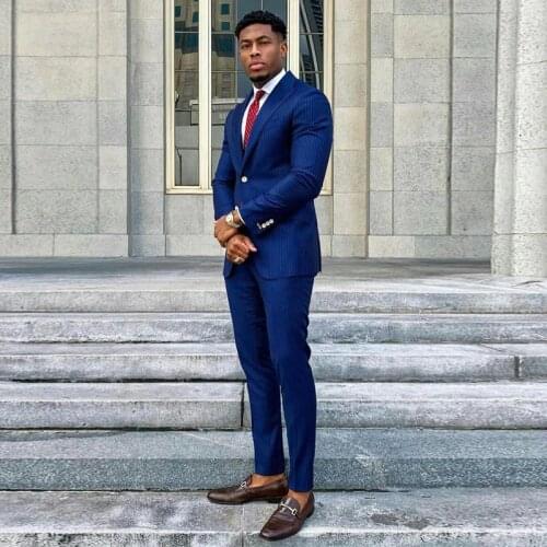 Handsome Dark Blue Men Suits Slim Fit One Button 2 Pieces Groom Tuxedos Notched Lapel Herringbone Wedding Blazer and Pant