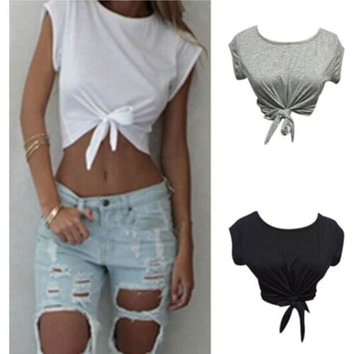 Summer Women Knotted Tie Front Crop Tops Cropped T Shirt Casual Blouse Tanks camis Knotted Tie Front Crop Tops ropa mujer