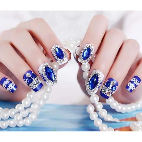 Bride Fashion Shining Rhinestone Fake Nails Pretty Blue Color Glitter Nail Art Tips With Glue Square Head Design Artificial Nail