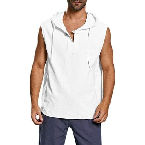 Mens Hooded Solid Color Gyms Tank Tops Casual Roped Sleeveless Shirt Workout Fitness Sportwear Men Vest Bodybuilding Singlet