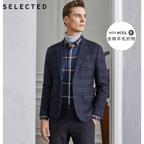 SELECTED Mens Dark Plaid Wool Contrast Stitching Business Blazer S|419408510