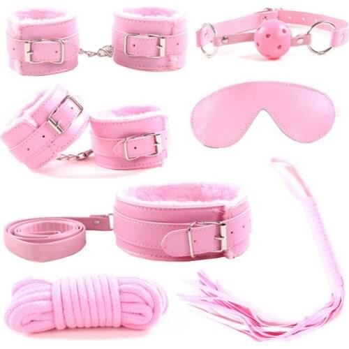 7pcs/set PU Leather Sex Bondage Set Toy Restraint Sex Toy Handcuffs Tied Rope Whip Collar Erotic Toy