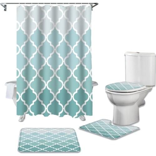 Bathroom Shower Curtain and Rug Sets Geometric Blue Green Gradient Turquoise Toilet Lid Cover Bath Mat Shower Curtains Set