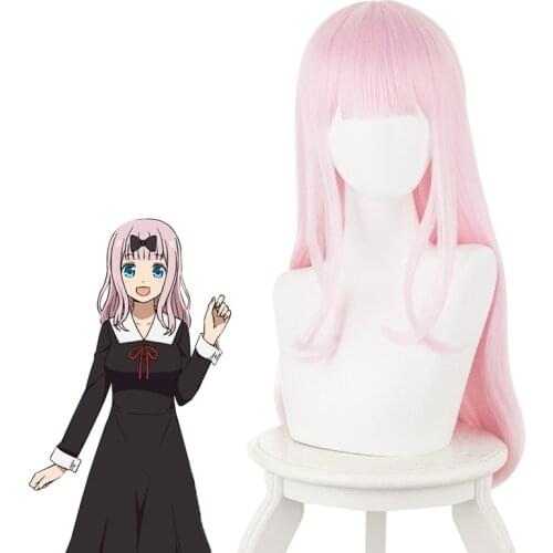 Fujiwara Chika 55cm pink long curls wig and hairpin Anime Kaguya-sama wa Kokurasetai cosplay costume wig & wig cap