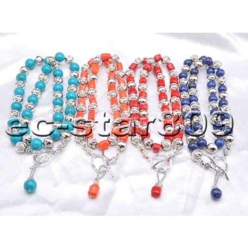 S2155 33" Natural Lapis Lazuli Turquoise Coral Rose Bead Necklace