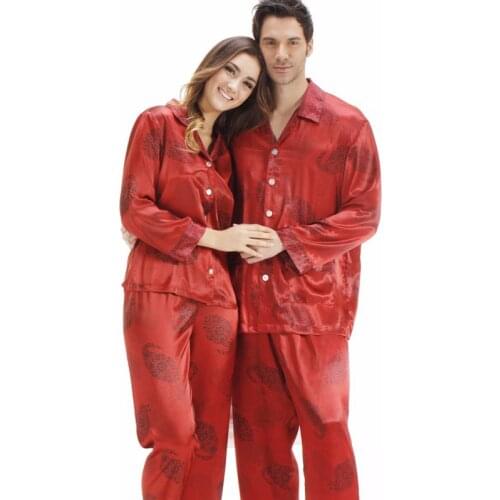Red Printed Silk Pajamas for Women and Men Long Sleeve Button-down Couple Pajama Set Silk Sleepwear