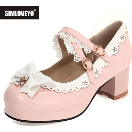 SIMLOVEYO New 2021 Pumps Round Toe 5.5cm Block Heels Buckle Bowtie Lace Cute Sweet Lolita Crystal Bling Big Size 43 Party B2375