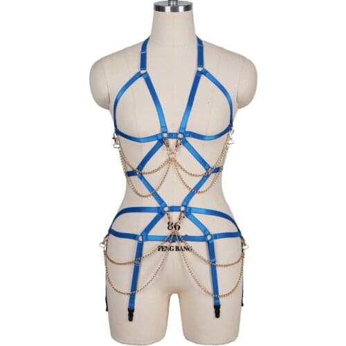 Blue Lingerie Chain Women Punk Cage Full Body Strappy Stockings Crop Top Elastic Garter Belts Bandage Harness Bra Festival Wear
