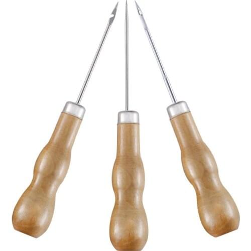 Wooden Handle Sewing Awl DIY Carft Stitch Needle Cone Die Stencils Canvas Shoes Threader Repair Punch Awl Leather Craft Awl Tool