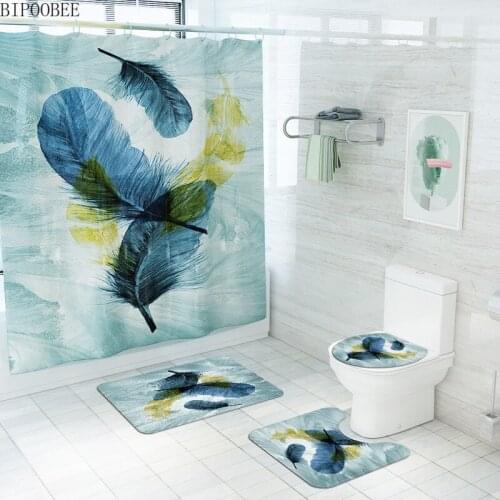 Creativity Art Feathers Bathroom Curtains Set Pedestal Rug Toilet Lid Cover Non-Slip Carpet Bath Mat Waterproof Shower Curtain