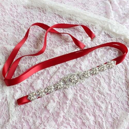 Gorgeous Red Ribbon Silver Crystal Wedding Belt With Rhinestone Applique Pearl Bridal Belt Rhinestone Sash For Bridal Accessory