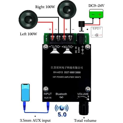 XH-A313 HIFI Wireless Bluetooth 5.0 Digital Power Audio Amplifier board TPA3116D2 100WX2 Stereo AMP Amplificador Home Theater