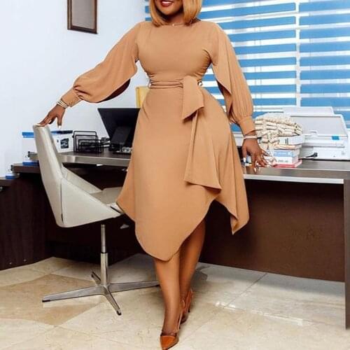 African women plus size asymmetrical tunic high waist belted lace up round neck long sleeve OL office lady work wear midi dress