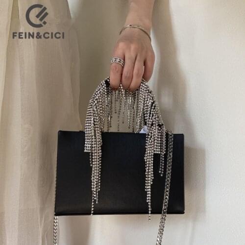 Women crystals diamond tassel handle tote handbag genuine leather cowskin party black chain shoulder crossbody messenger bag
