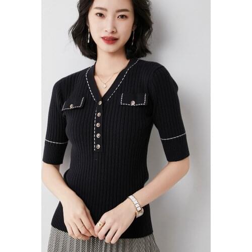 V-neck Wool Short-Sleeved T-Shirt Women 2021 Summer Ice Silk Slim Fashion Five-Point Sleeve Top 60122