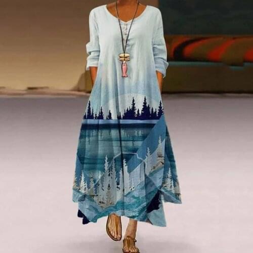 Spring Vintage Bohemian Printed Sundress Women O Neck Long Sleeve Dress Summer Casual Beach Party Vestido Plus Size Dresses 2021