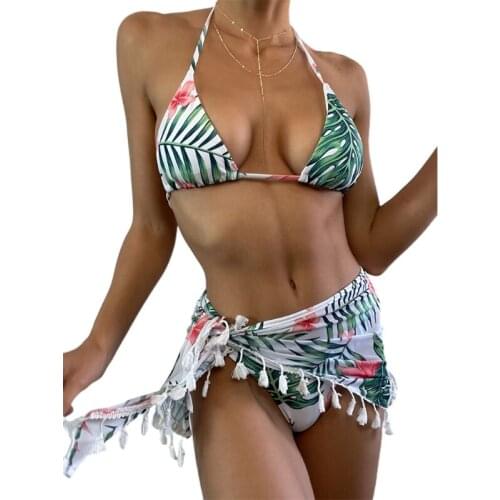 Women Sexy 3pcs Bikini Set Halter Brazilian Swimsuit with Tassel Beach Sarong Wrap Skirt Boho Leaves Print Bathing Suit