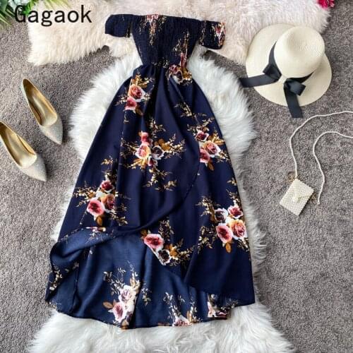 Gagaok Beach Style Woman Dress 2021 Summer New Slash Neck Empire Floral Print Short Sleeves Midi Dresses Fashion Chic Vestidos