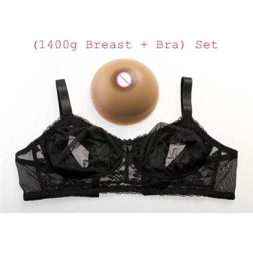 1400g/pair Brown Silicone Breast Form+Sexy Black Transparent Lace Pocket Bra ) Crossdresser CD Silicone Boobs With Bra Set
