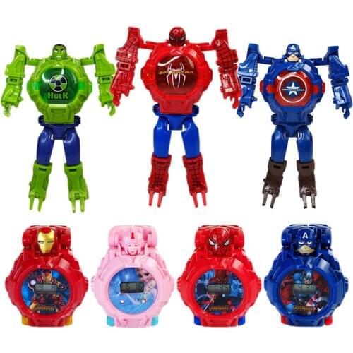 Marvel Spiderman Frozen Cartoons Childrens deformation assembly robot 3D watch LED projection model watch Childrens toy watch