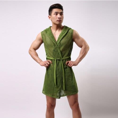 Sexy Robes For Men Summer elastic nylon mesh robe men with a hood bathrobe robe sexy sleepwear men Gay Sex See Through Clothing