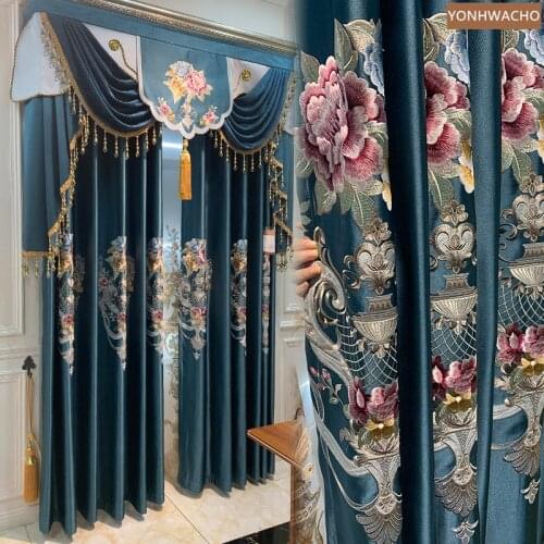 Custom curtain New European luxury villa living room high-end embroidery blue cloth blackout curtain valance tulle drape C816