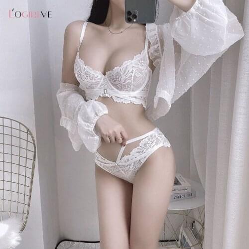 Logirlve New Ultrathin Bra Set Transparent Brassiere Sexy Underwear Embroidery Women Lingerie Hollow Out Lace Underwire Bra Set