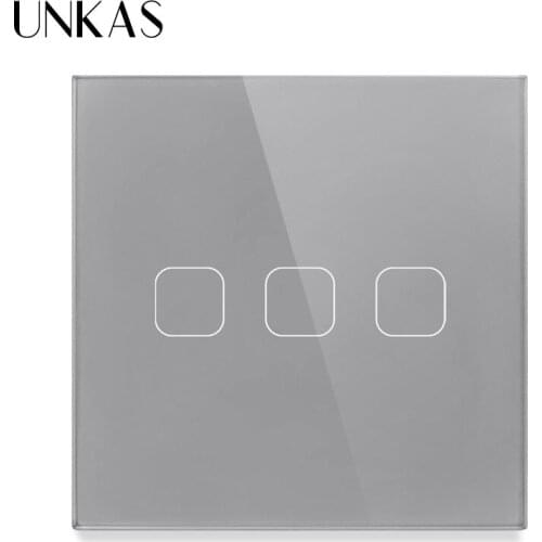 UNKAS EU Standard Wall Light Touch Switch 3 Gang 1 Way Control Screen Gray Crystal Glass Panel 220-250V