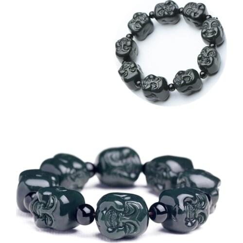 Natural Hetian Jade Sapphire Smiley Buddha Head Bracelet Hand Carved Cyan Smile Buddha Gem Mens Lucky Amulet Bracelet