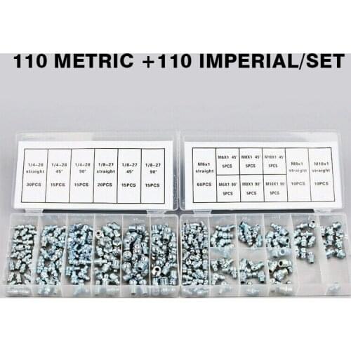 220pcs Zinc Plated 45-90 Degree Car Auto Hydraulic Grease Nipple Metric Imperial Mechanical Lubricant Fitting Kit Parts Tool