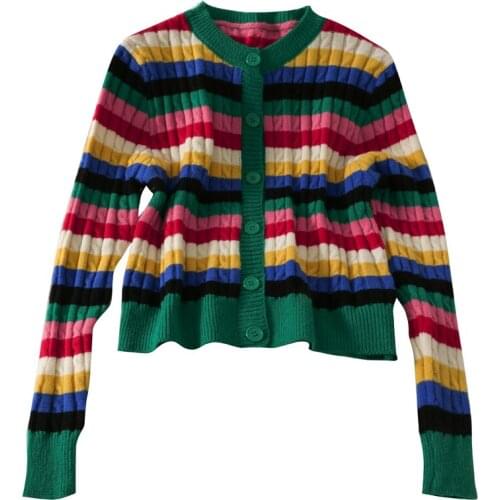 New color striped single-breasted o-neck long-sleeved cardigan slim thin knitted sweater women