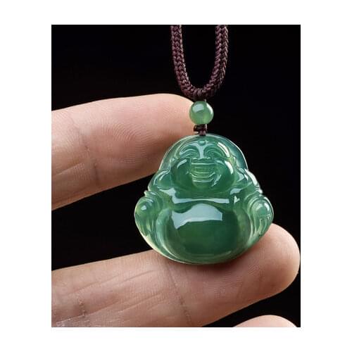 Natural Myanmar Emerald A Grade Ice Bottom Green Buddha Pendant Necklace Women Friends Gift Sweater Chain