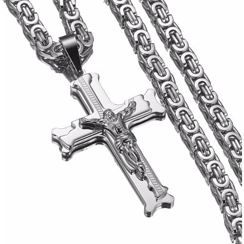 Jesus Cross Silver Color Necklaces Men Women Pendant Stainless Steel With 6MM Byzantine Chain Christian Crucifix Jewelry