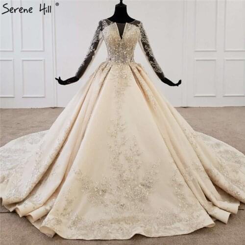 Champagne Handmade Flowers Beading Wedding Dresses 2020 Long Sleeves Luxury Sexy Bridal Gowns HX0109 Custom Made