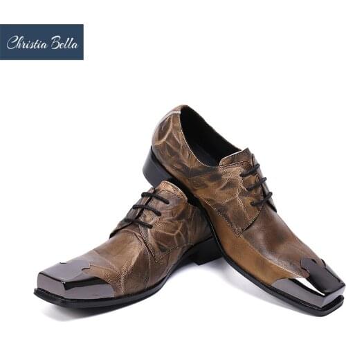 Christia Bella British Brown Square Toe Men Oxford Shoes Genuine Leather Party Dress Shoes Lace Up Business Formal Shoes Brogues