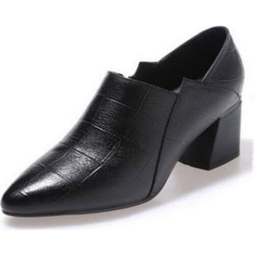 Pointed toe Mid Heels Women 2021 Autumn Single Shoes Woman Soft PU leather Shoe Square Heel Female Side Zip Black