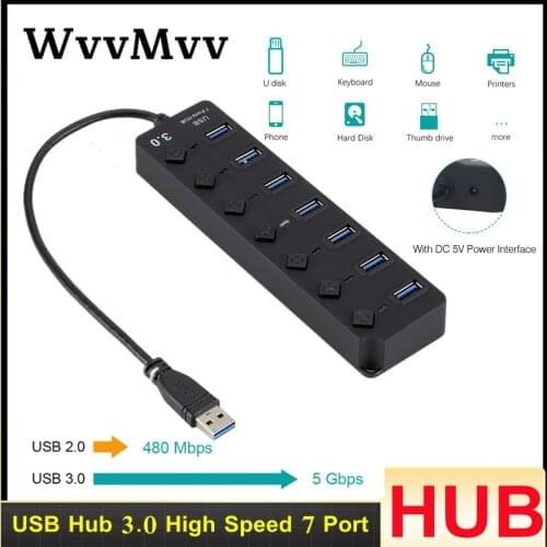 USB Hub 3.0 7 Port High Speed Multi Splitter Power Adapter Switch LED Indicator For Pc MacBook Laptop Computer Accessories