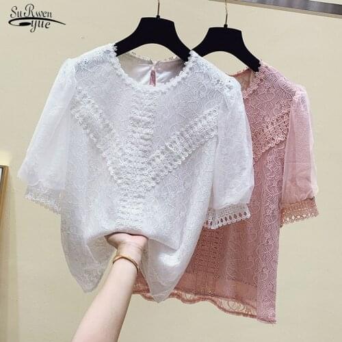 Womens Short-sleeved Chiffon Shirt Summer 2021French Fashion Mesh Stitching Puff Sleeve Lace Blouse Elegant Embroidery 15000