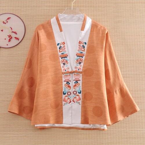 Women Tops Autumn Embroidered Chinese Style Vintage Loose Short Coat Tops 3/4 Sleeve Lady A Buckle Casual Jacket Female S-XXL