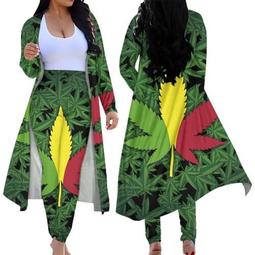 Jackherelook Green Tropical Weeds Pattern Women 2 Piece Outfits Loose Maxi Length Open Front Cardigan High Waist Pants Set 2021