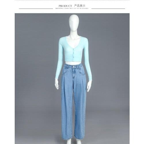 Kpop Seo Yea Ji ROSE fashion slim short long-sleeved knit sweaters+loose denim wide-leg trousers women 2 piece set top and pants