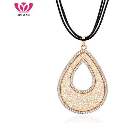 Gold Big Hollow Water Drop Pendant Necklace for Women Crystal Vintage Necklace Multi Layers Black Leather Chain Jewelry Gift