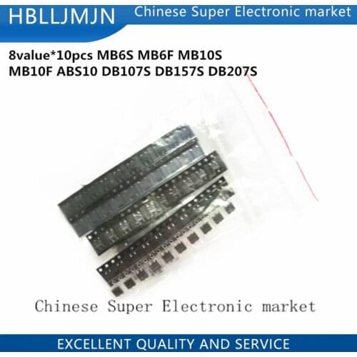8value*10pcs=80pcs Bridge Rectifier Assorted Kit Contains MB6S MB6F MB10S MB10F ABS10 DB107S DB157S DB207S
